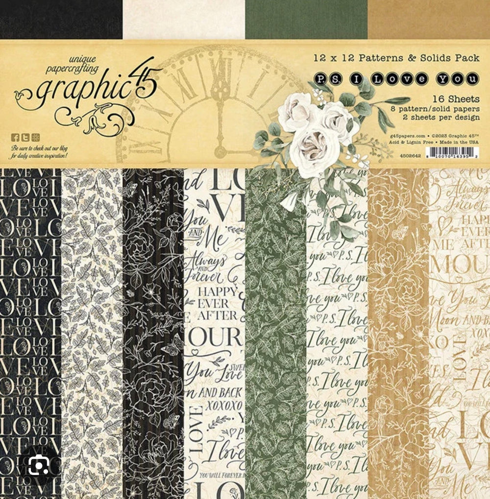 12 x12 Pattern & Solid Pack. 2 each of 8 double-sided papers. 16 sheets.