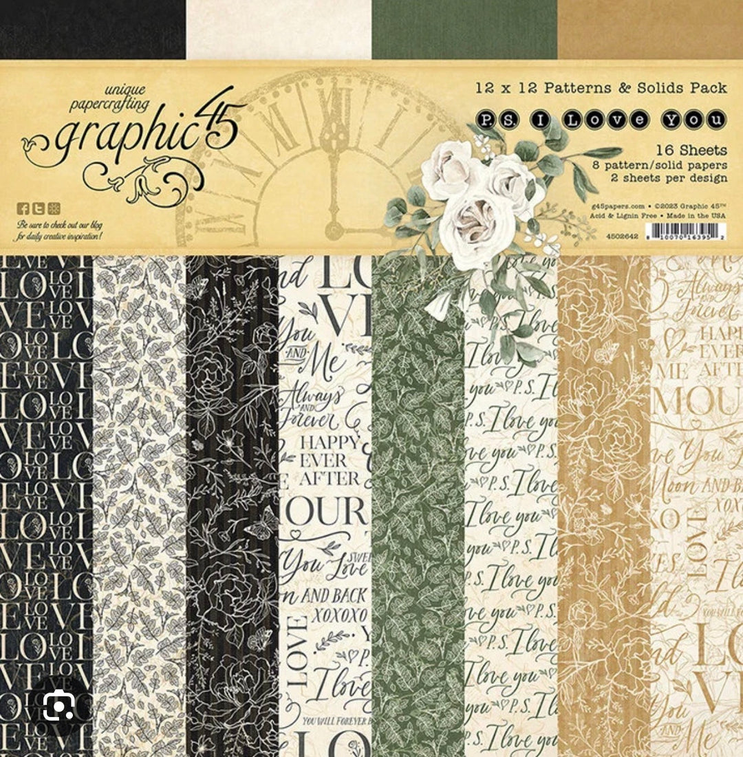 12 x12 Pattern & Solid Pack. 2 each of 8 double-sided papers. 16 sheets.