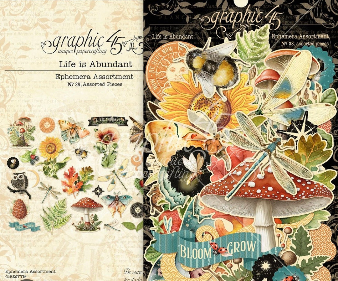 AN outdoor aesthetic in these die-cuts. Flora, insects, and mushsrooms. 