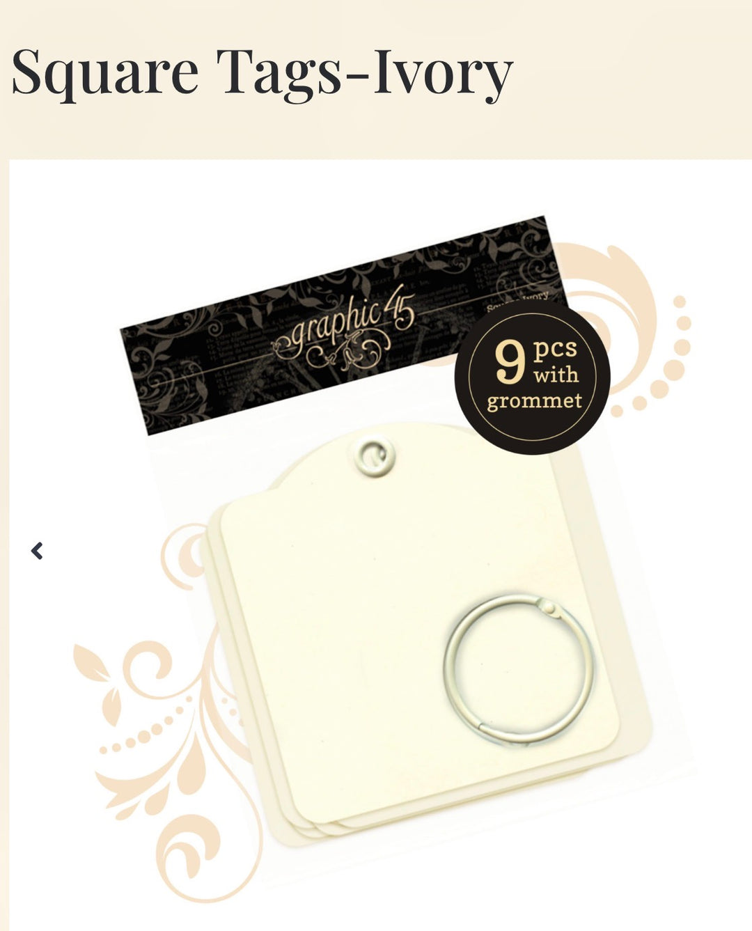Pac of 9 vory square tags with grommet and key ring.