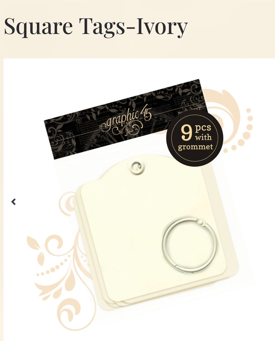 Pac of 9 vory square tags with grommet and key ring.