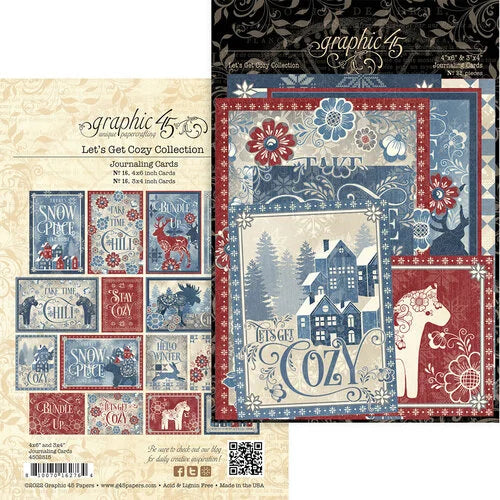 Collection of graphic45 ephemera cards with winter-themed designs and text.
